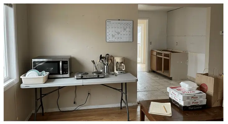Asbestos and Lead Paint in Older Homes — a temporary makeshift kitchen setup with a microwave and hot plate on a folding table during a home remodeling and hazardous material abatement project.