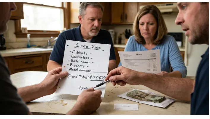Get an Accurate Kitchen Remodel Quote in Tacoma 3 Ask About Permits for Your Specific Project — a contractor pointing to a vague, handwritten kitchen remodeling quote showing a lump sum total of $47,900 while a concerned couple looks on.