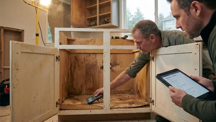 Cabinet Refacing vs. Full Replacement: Which Saves More Money? 3 Cabinet Refacing vs. Full Replacement: Which Saves More Money? — side-by-side split comparing a contractor carefully assembling new solid wood cabinet boxes on the left versus severe black mold and rotting wood water damage inside an old sink cabinet box on the right.