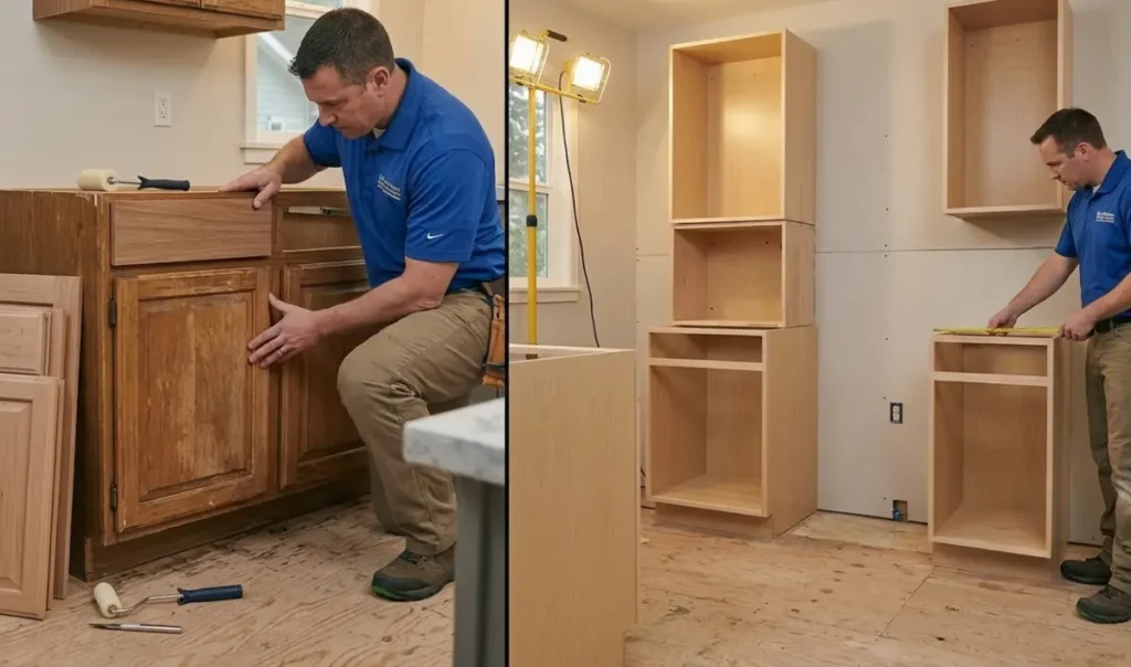 Cabinet Refacing vs. Full Replacement: Which Saves More Money? — side-by-side comparison of a Tacoma contractor refacing wood cabinet doors on existing frames versus a contractor installing entirely new cabinet boxes. 