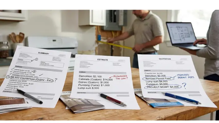 Define Your Scope Before You Call Anyone — three different kitchen remodel estimates compared side-by-side on a wooden counter with notes on allowances and itemized permit fees while a contractor measures in the background. 