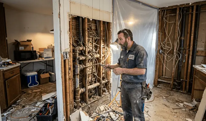 Hidden Costs in Kitchen Remodeling No One Tells You About — an contractor inspecting old, outdated plumbing and messy electrical wiring behind a gutted kitchen wall during a home renovation.