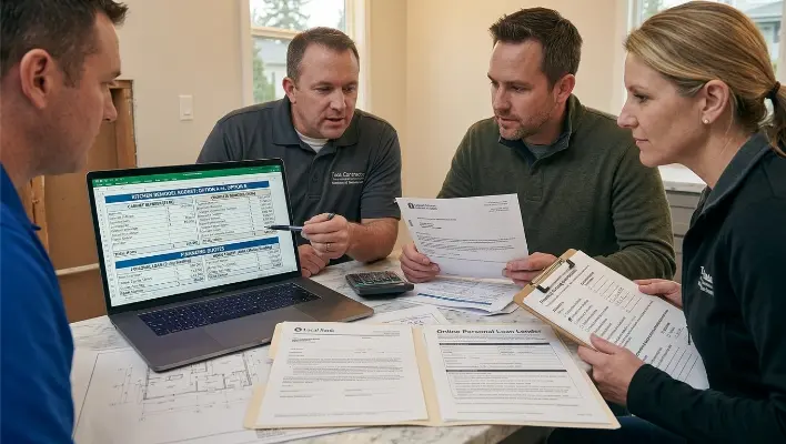 Home Equity Line of Credit (HELOC) — a hand placing a stack of one hundred dollar bills next to a brown paper envelope on a wooden table in front of a blurred modern kitchen. 