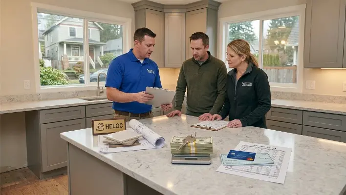  How to Choose the Right Financing Option for Your Remodel — a Tacoma couple and local contractors reviewing loan paperwork, a TPU rebate form, and credit union documents on a workbench in a kitchen under renovation.