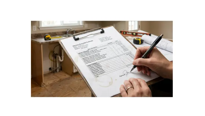 Get an Accurate Kitchen Remodel Quote in Tacoma 1 To get an accurate kitchen remodel quote in Tacoma, you need to walk into the first conversation with a clear scope, get written itemized estimates from at least three licensed local contractors, understand what allowances actually cover, and confirm that permits, labor, materials, and cleanup are all spelled out before you compare a single number — shown by a person signing a highly detailed, itemized kitchen renovation cost breakdown on a clipboard.