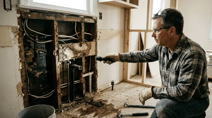 Permits, Inspections, and Local Code Requirements — a home inspector or contractor shines a flashlight onto exposed electrical wires and water damage behind a kitchen wall during an inspection. Hidden Kitchen Remodel Costs