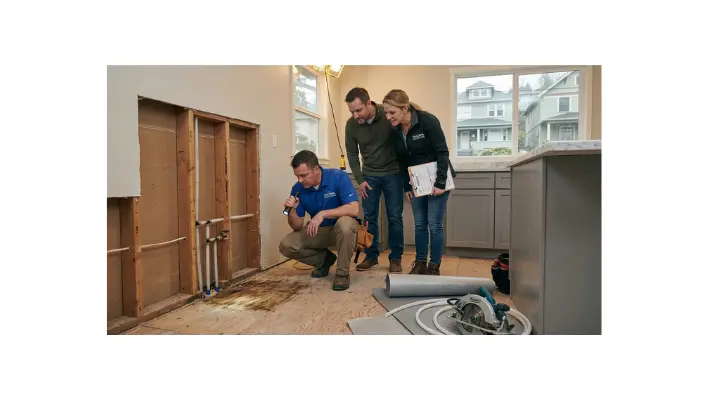 Get an Accurate Kitchen Remodel Quote in Tacoma 4 What a Trustworthy Kitchen Remodel Quote Should Include — two professional contractors conducting an on-site walkthrough with a homeowner, using a flashlight to inspect exposed plumbing and subfloor water damage.
