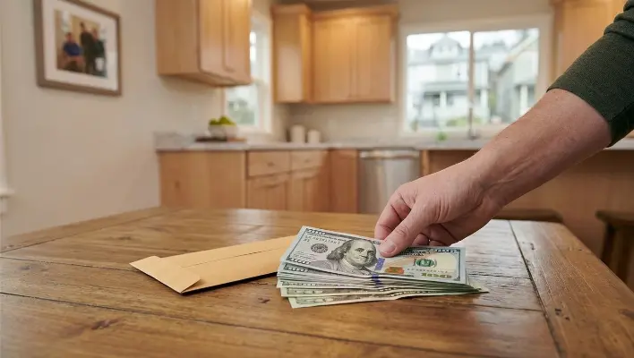 Why Financing Matters More in Tacoma Than You'd Think — a local contractor measuring cabinet frames alongside a homeowner as they plan a budget using a laptop in a partially gutted kitchen.