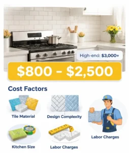 Tile backsplash cost in Tacoma WA kitchen showing $800 to $2500 price range with modern white subway tile design