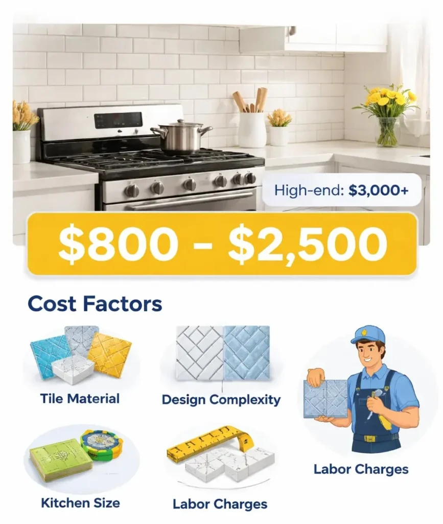 How Much Does a Kitchen Remodel Cost in Tacoma WA in 2026? 3 Tile backsplash cost in Tacoma WA kitchen showing $800 to $2500 price range with modern white subway tile design