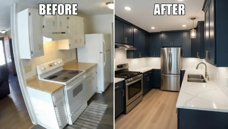 Before and after kitchen remodeling project in Tacoma Washington showing complete transformation