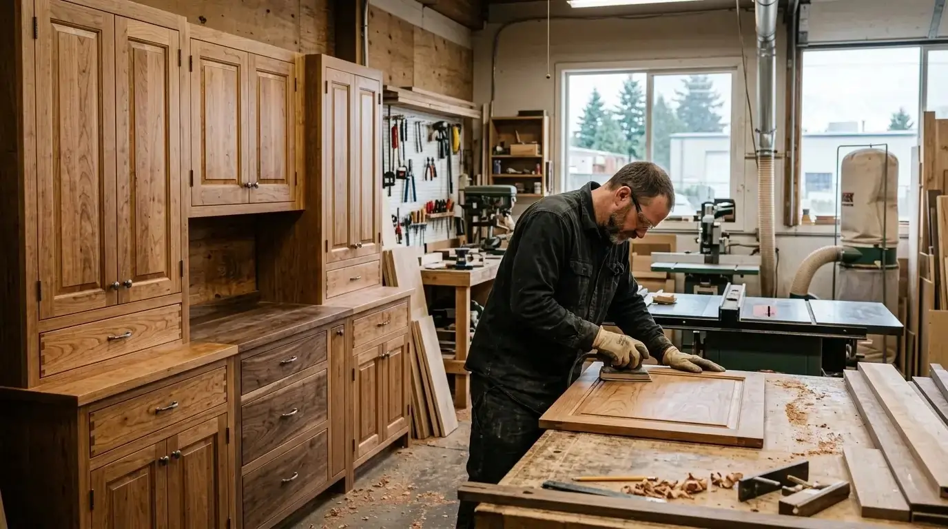 A professional woodworker in a Tacoma workshop meticulously sanding a door for custom wood cabinets, with finished high-quality cherry wood cabinetry and dovetail drawers in the background.