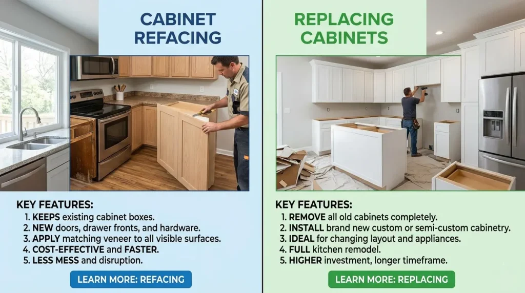 A side-by-side comparison of [modern white] kitchen cabinets, illustrating the visual differences and quality of cabinet refacing vs replacing cabinets during a home remodel.
