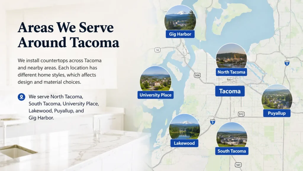 Map of countertop installation service areas around Tacoma, including University Place, Puyallup, and Gig Harbor.