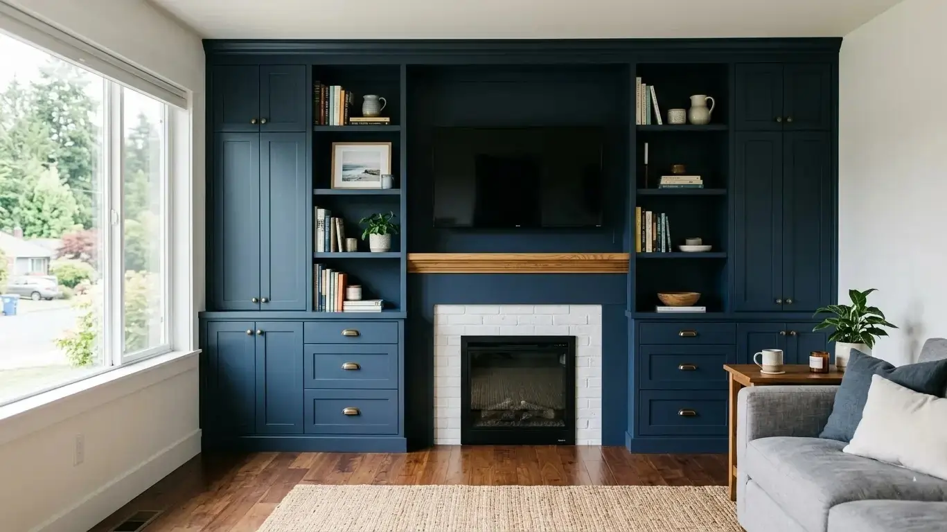 Professionally installed dark blue custom built-in cabinets in a Tacoma, WA living room, surrounding a modern fireplace with a white brick surround, open shelving, brass hardware, and an integrated media center.