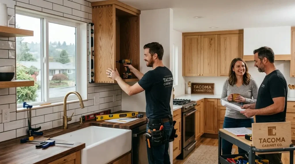 Professional kitchen remodeling in Tacoma WA showing custom cabinet installation with high-quality wood materials designed for the Pacific Northwest clima
