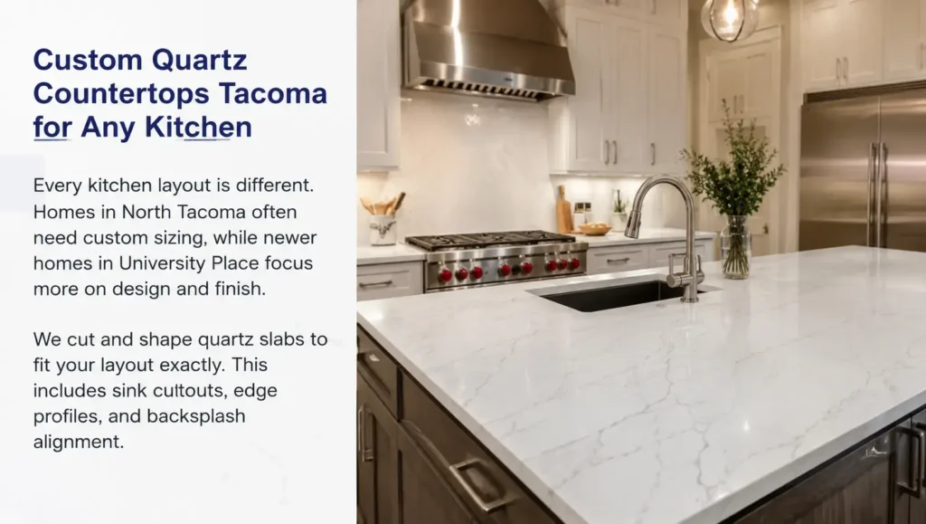 Beautifully fabricated custom quartz countertops Tacoma for any kitchen layout and home style.