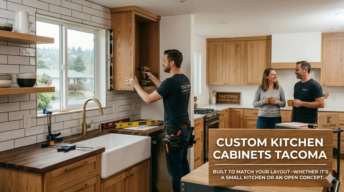 Professional cabinet installation team in Tacoma, WA fitting a custom upper cabinet with dovetail joinery over a farmhouse sink during a kitchen remodel.