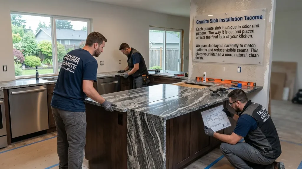 Granite countertops 2 Professional granite countertop installation Tacoma WA featuring a team leveling a natural stone slab in a kitchen remodel.