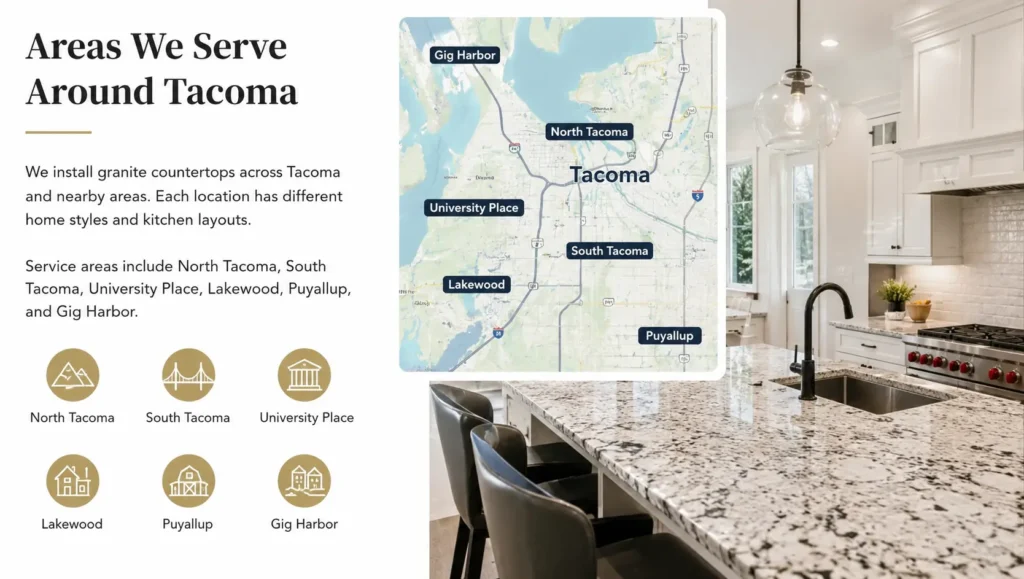 Granite countertops 4 Granite countertops Tacoma installation service areas map featuring custom kitchen layouts in University Place, Lakewood, and Gig Harbor.