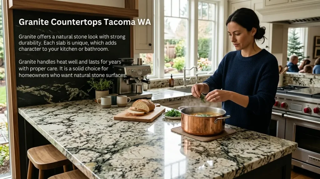 Custom granite countertops Tacoma WA showcasing natural veining on a kitchen island surface.