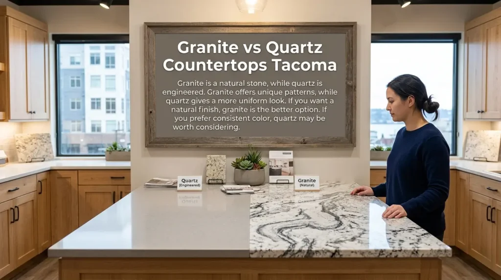 Granite countertops 3 Side-by-side comparison of natural granite vs quartz countertops Tacoma homeowners choose for kitchen remodels.