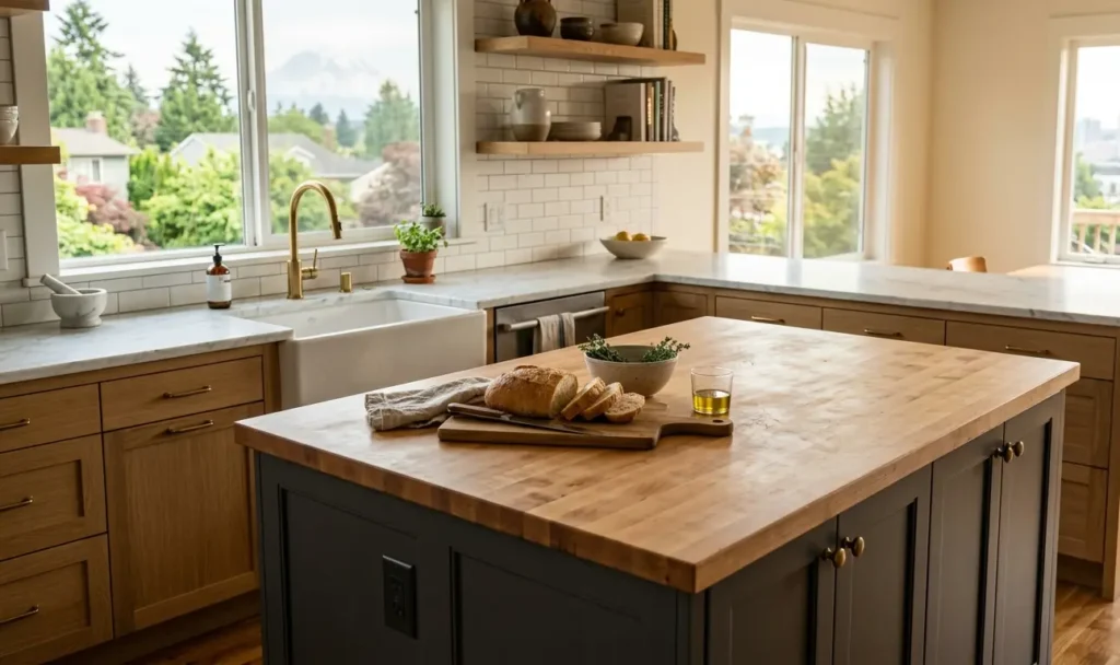 A stunning kitchen design combining elegant marble & butcher block countertops Tacoma on the island and perimeters.