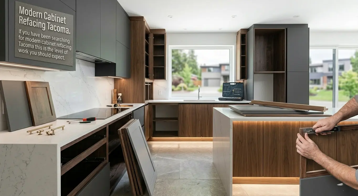 n eye-level photograph capturing a contemporary Tacoma kitchen transformation in progress, demonstrating modern cabinet refacing. The existing walnut cabinet frames are being updated with new, sleek matte grey flat-panel doors, consistent with the handleless luxury finishes of the surrounding cabinetry. Precision tools are in use on a marble waterfall quartz countertop, with a backdrop view of a typical Tacoma neighborhood through the large window.
