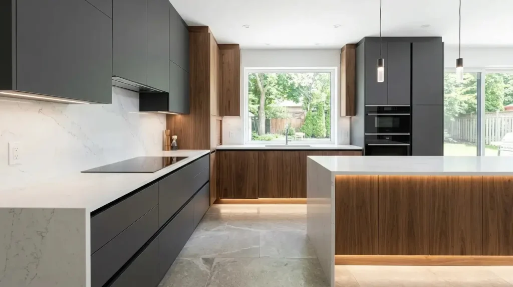 A contemporary kitchen featuring high-end modern & luxury cabinet designs. The space showcases a blend of flat-panel matte grey cabinets and warm walnut wood grain finishes, a quartz waterfall island with integrated LED lighting, built-in appliances, and large windows, reflecting a functional and sophisticated layout.