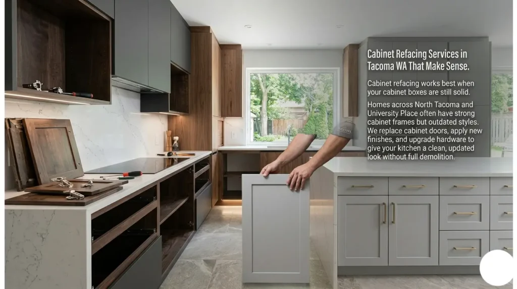 A detailed photo of a kitchen cabinet refacing project in progress. The image captures existing walnut cabinetry with a portion of new gray shaker doors being professionally installed. The quartz countertops and modern fixtures are visible, showcasing how new doors, finishes, and hardware create an updated look while reusing solid cabinet boxes in the Tacoma area.