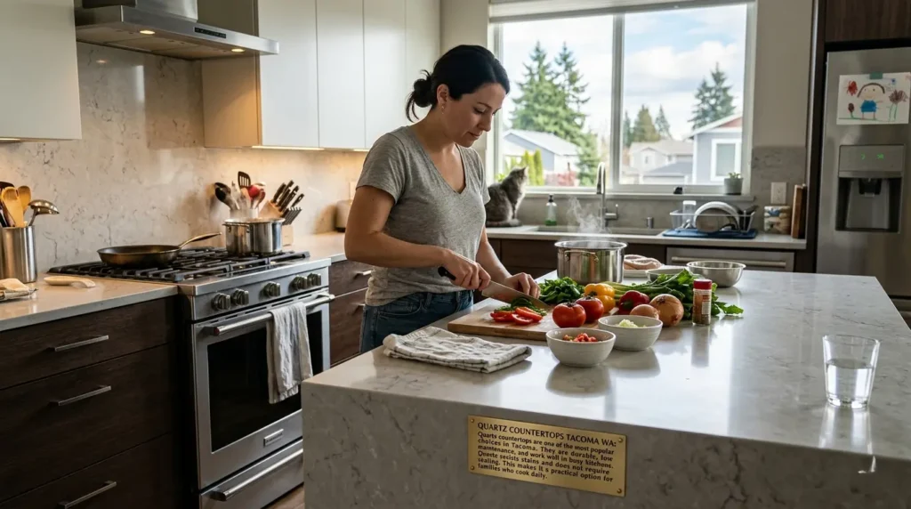 Elegant white quartz countertops Tacoma WA installed in a modern kitchen island.
