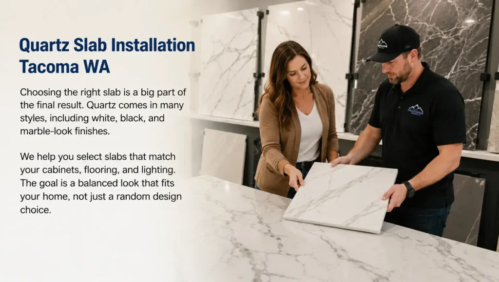 Professional quartz slab installation Tacoma WA team precisely fitting a seamless kitchen countertop surface.