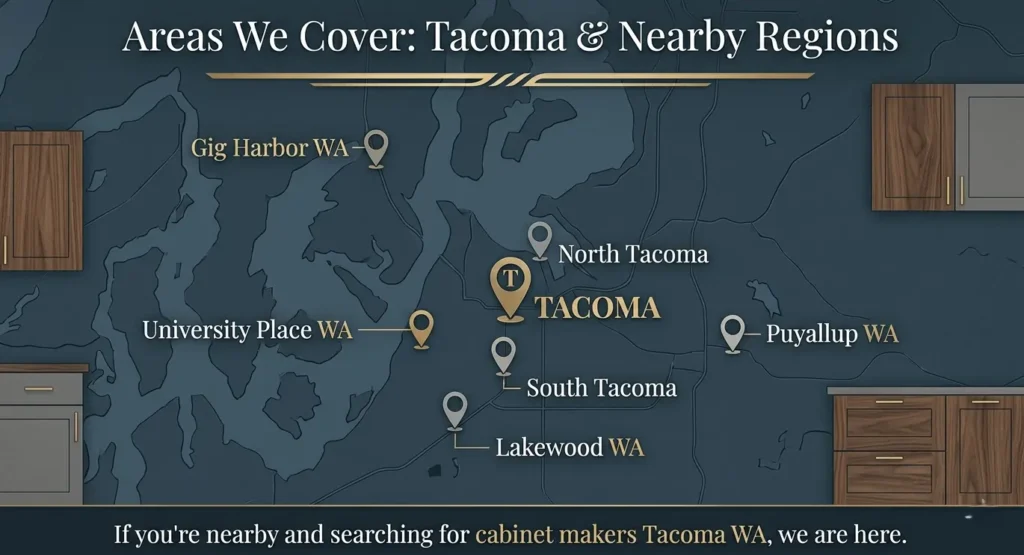 A service area map titled "Areas We Cover: Tacoma & Nearby Regions" showing pin locations for Gig Harbor, University Place, North Tacoma, South Tacoma, Lakewood, and Puyallup, WA.