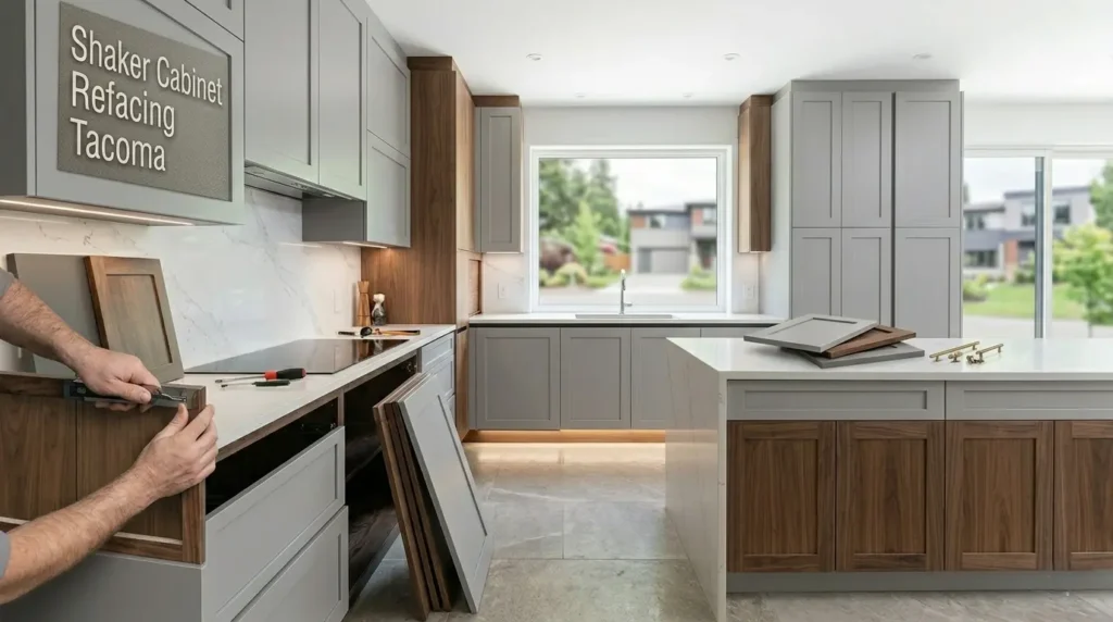 Modern white shaker cabinet refacing in a Tacoma kitchen remodel.