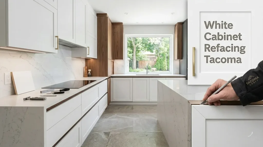 Modern white cabinet refacing in a Tacoma kitchen with contemporary hardware and countertops.