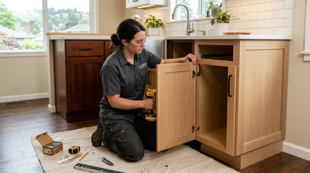 kitchen cabinets undergoing wood cabinet refacing in Tacoma, showing the high-quality transformation.