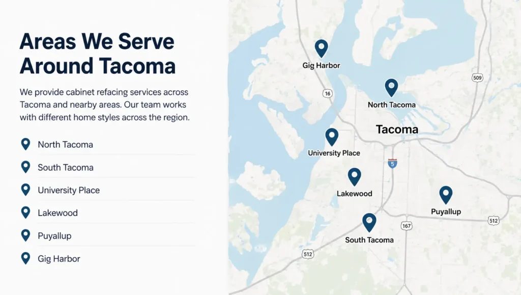Map highlighting our service areas for cabinet refacing in Tacoma, WA, including Lakewood, Puyallup, and Gig Harbor.