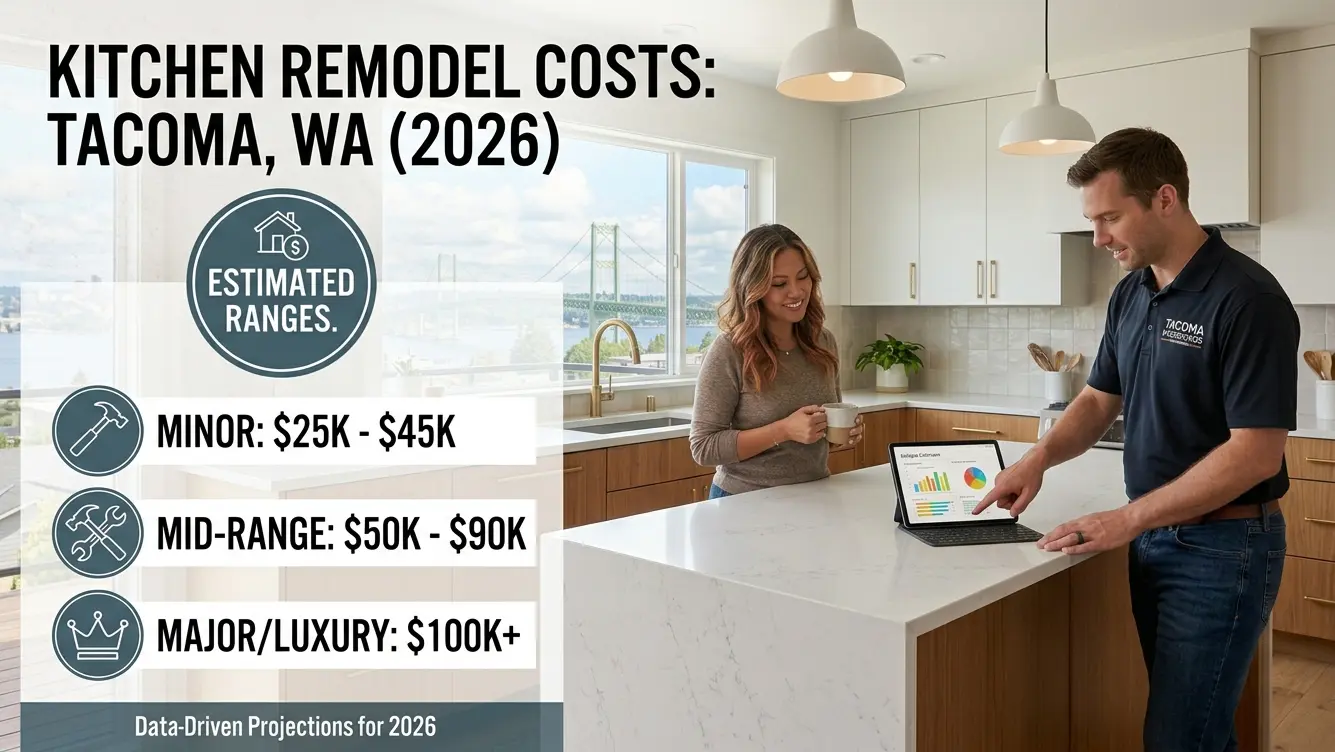 Infographic breaking down the question: How Much Does a Kitchen Remodel Cost in Tacoma WA in 2026? detailing minor, midrange, and upscale budget tiers.