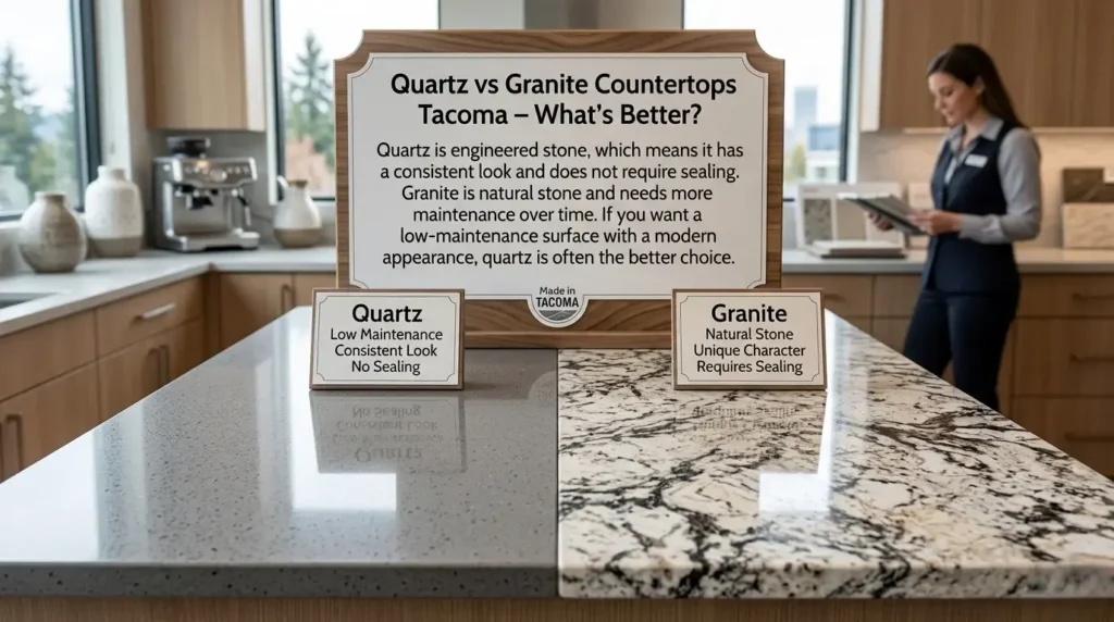Side-by-side comparison of quartz vs granite countertops Tacoma showcasing the structural differences in a kitchen setting.