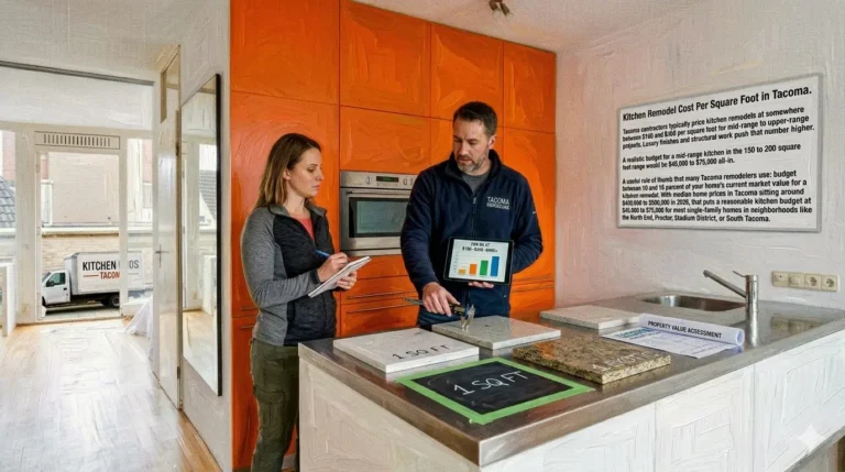 How Much Does a Kitchen Remodel Cost in Tacoma WA in 2026? 1 KITCHEN REMODEL COST PER SQUARE FOOT IN TACOMA illustrated by a contractor and homeowner reviewing price charts and countertop samples.