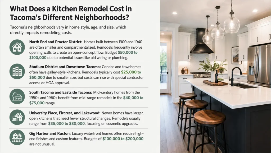 How Much Does a Kitchen Remodel Cost in Tacoma WA in 2026? 2 An infographic detailing kitchen remodel costs in Tacoma neighborhoods like North End, Proctor District, and South Tacoma, with 2026 budget ranges from $25,000 to $200,000+.