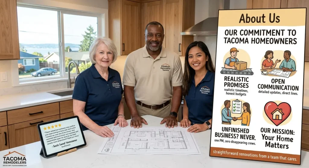 Kitchen Remodeler Tacoma team discussing plans for a gig harbor kitchen renovation project during an in-home consultation.