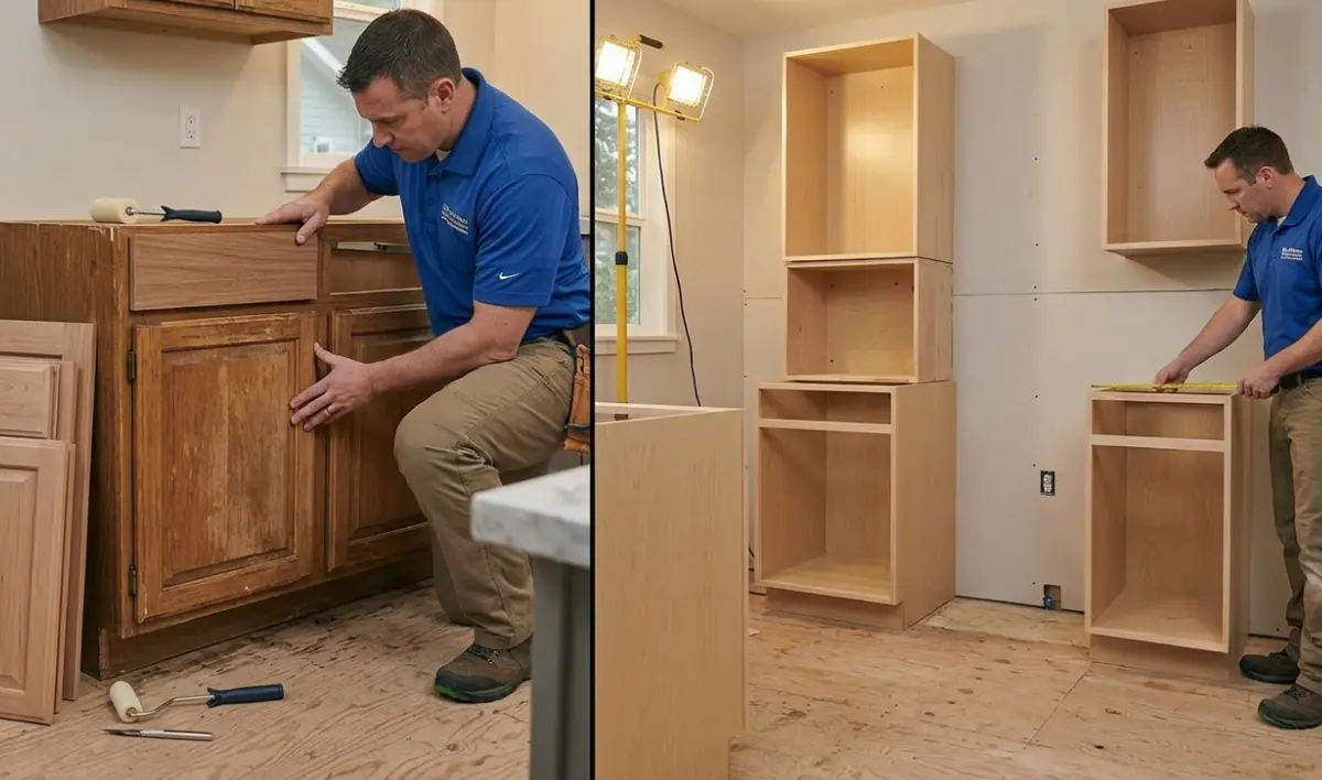 Cabinet Refacing vs. Full Replacement: Which Saves More Money? — side-by-side comparison of a Tacoma contractor refacing wood cabinet doors on existing frames versus a contractor installing entirely new cabinet boxes.
