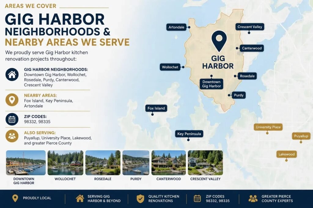 Service area list for gig harbor kitchen renovation projects covering Downtown Gig Harbor, Wollochet, Rosedale, Purdy, Canterwood, Fox Island, and nearby Pierce County locations.