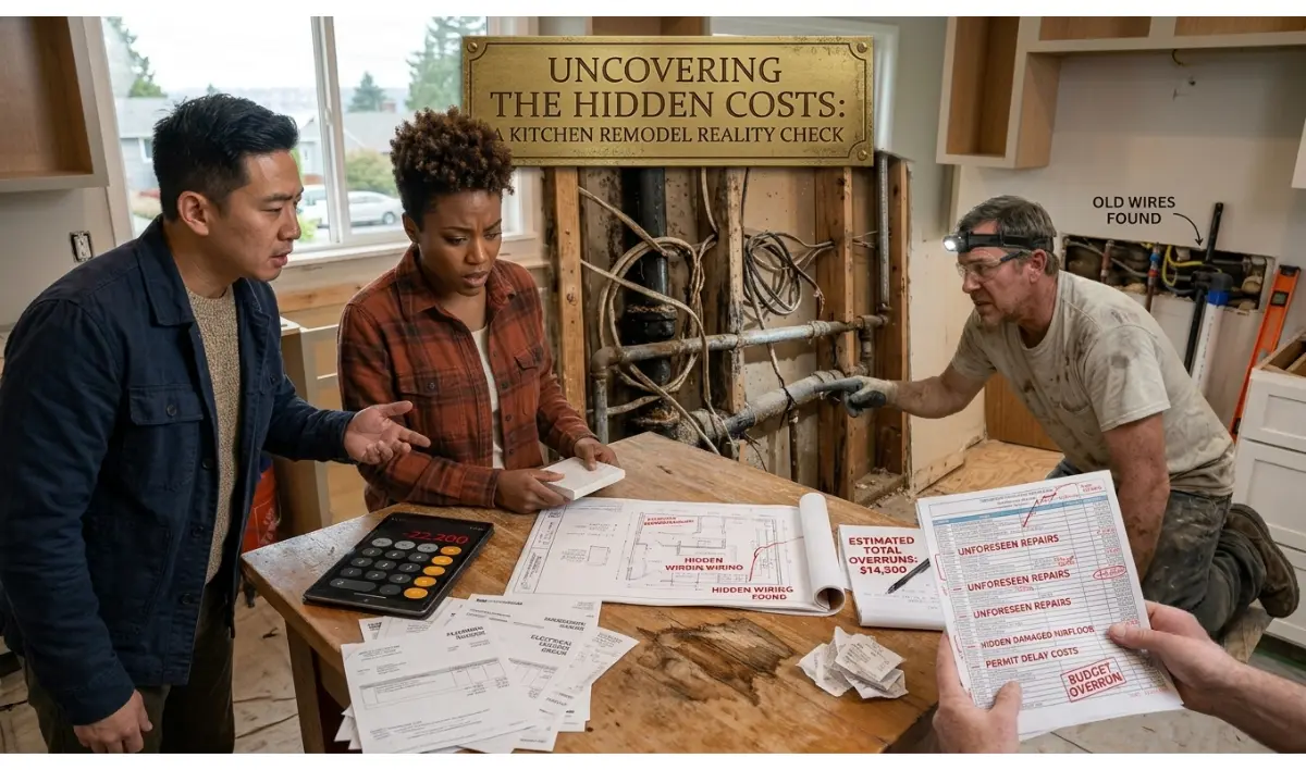 Hidden Costs in Kitchen Remodeling No One Tells You About — a contractor kneeling on a dusty floor pointing to damaged plumbing and corroded pipes behind a gutted wall during a renovation.