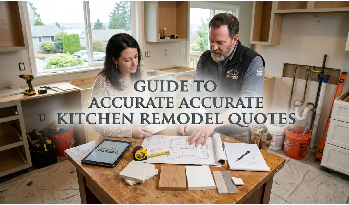 How to Get an Accurate Kitchen Remodel Quote in Tacoma — a professional contractor measuring wooden kitchen cabinets on-site while a homeowner looks over a budget spreadsheet and floor plans on a laptop.