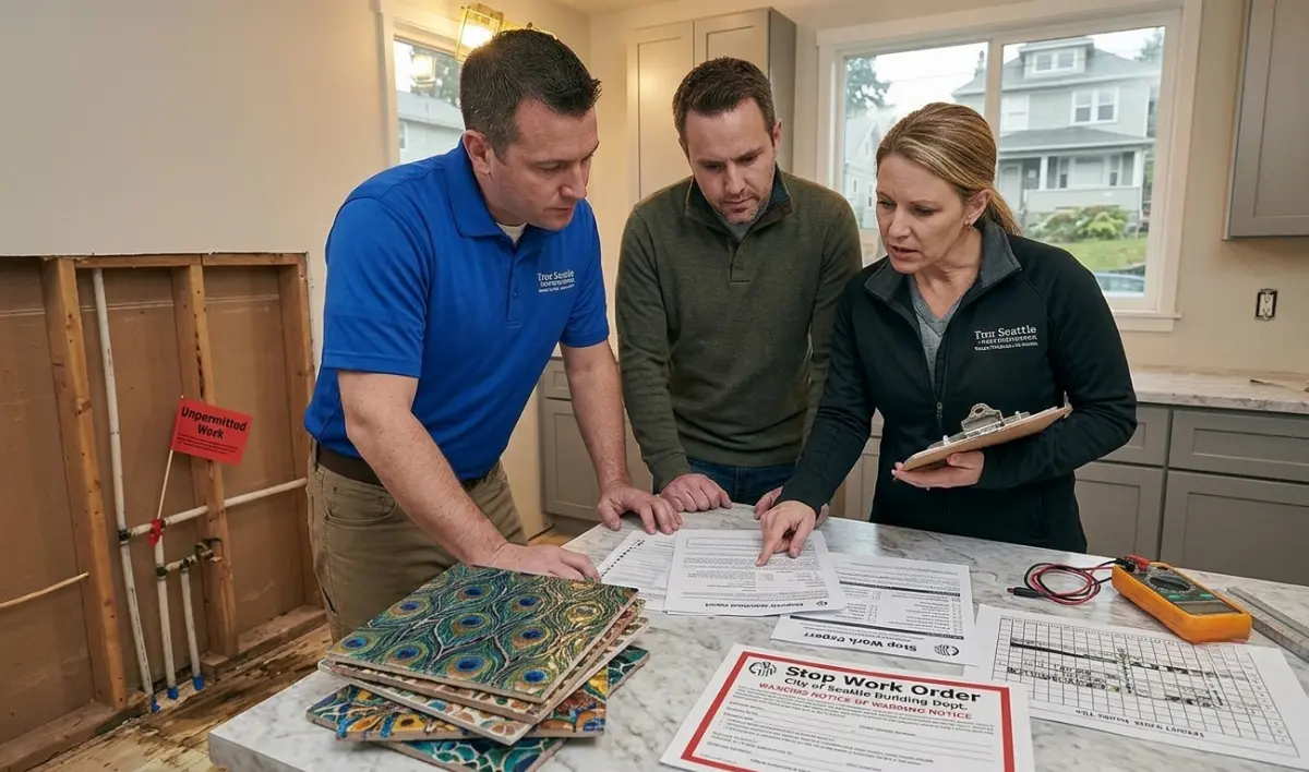 Is a Kitchen Remodel Worth It? ROI for Tacoma Homes — two contractors pointing out "Unpermitted Work" signs and "Stop Work Order" notices on blueprints to a concerned homeowner.