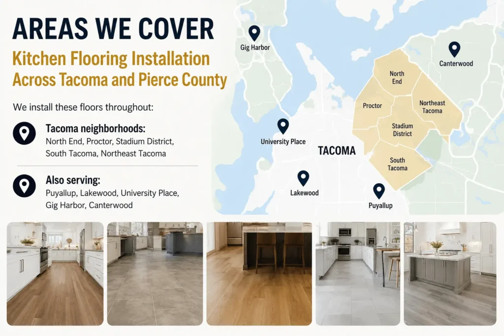 Professional kitchen flooring installation crew working on a home renovation in Pierce County, WA.