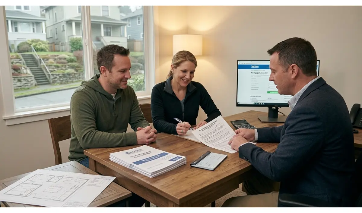 Kitchen Remodel Financing Tacoma Homeowners — a couple sitting at a desk reviewing loan documents and signing paperwork with a local financial advisor or contractor in Tacoma.