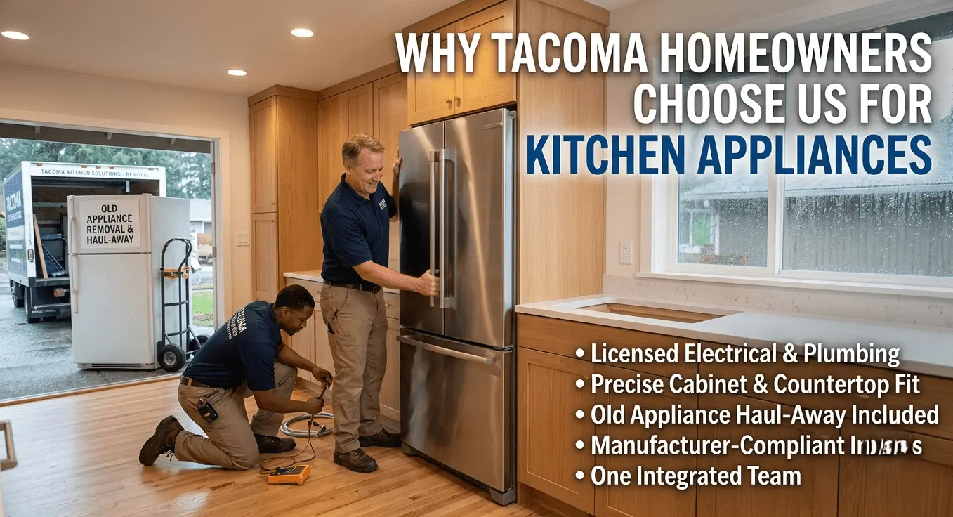 Licensed technician completing a manufacturer-compliant kitchen appliance installation and countertop fitting in Tacoma.